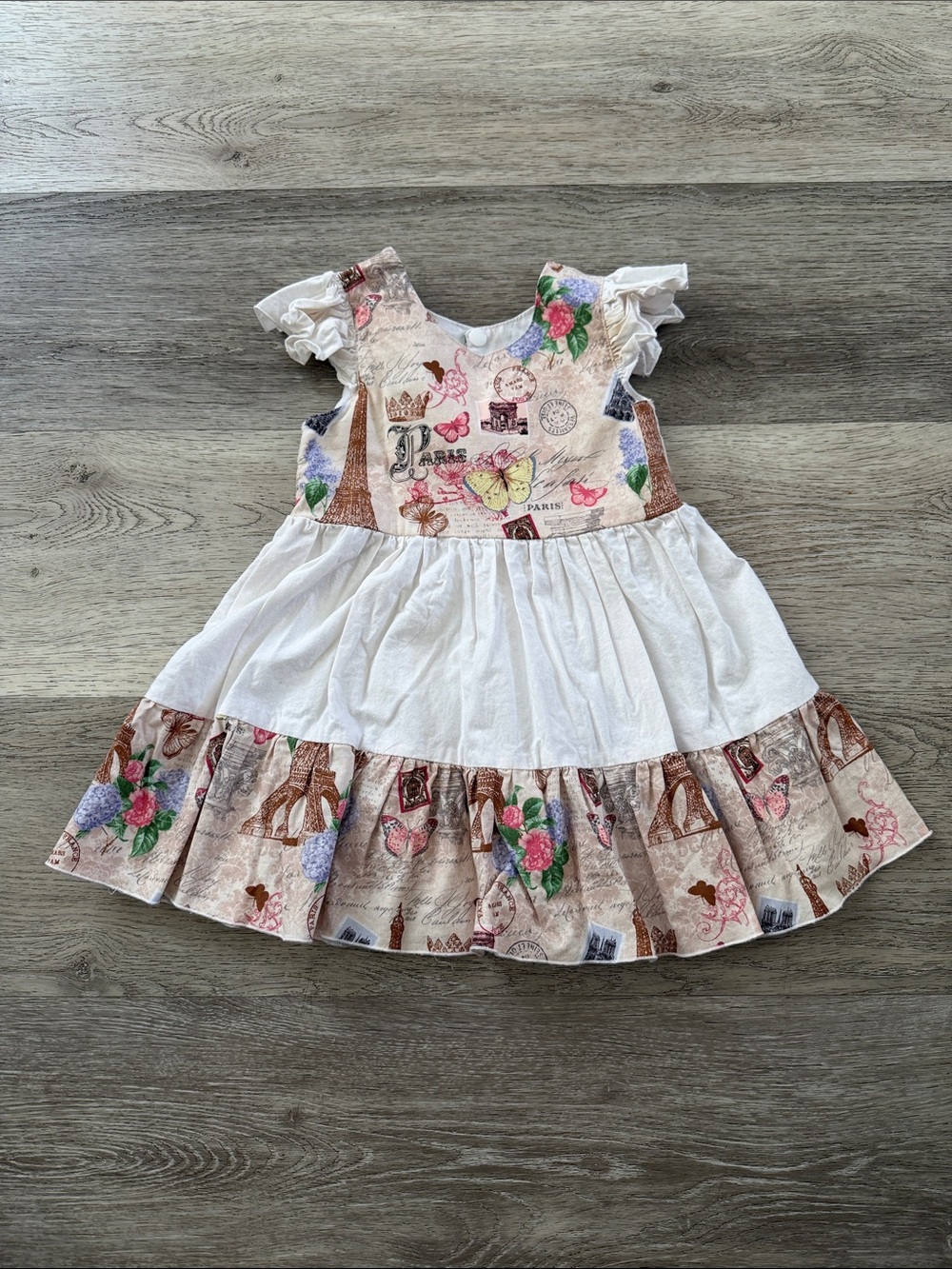 Handmade OOAK Girls White & Floral Paris Print Tiered Dress